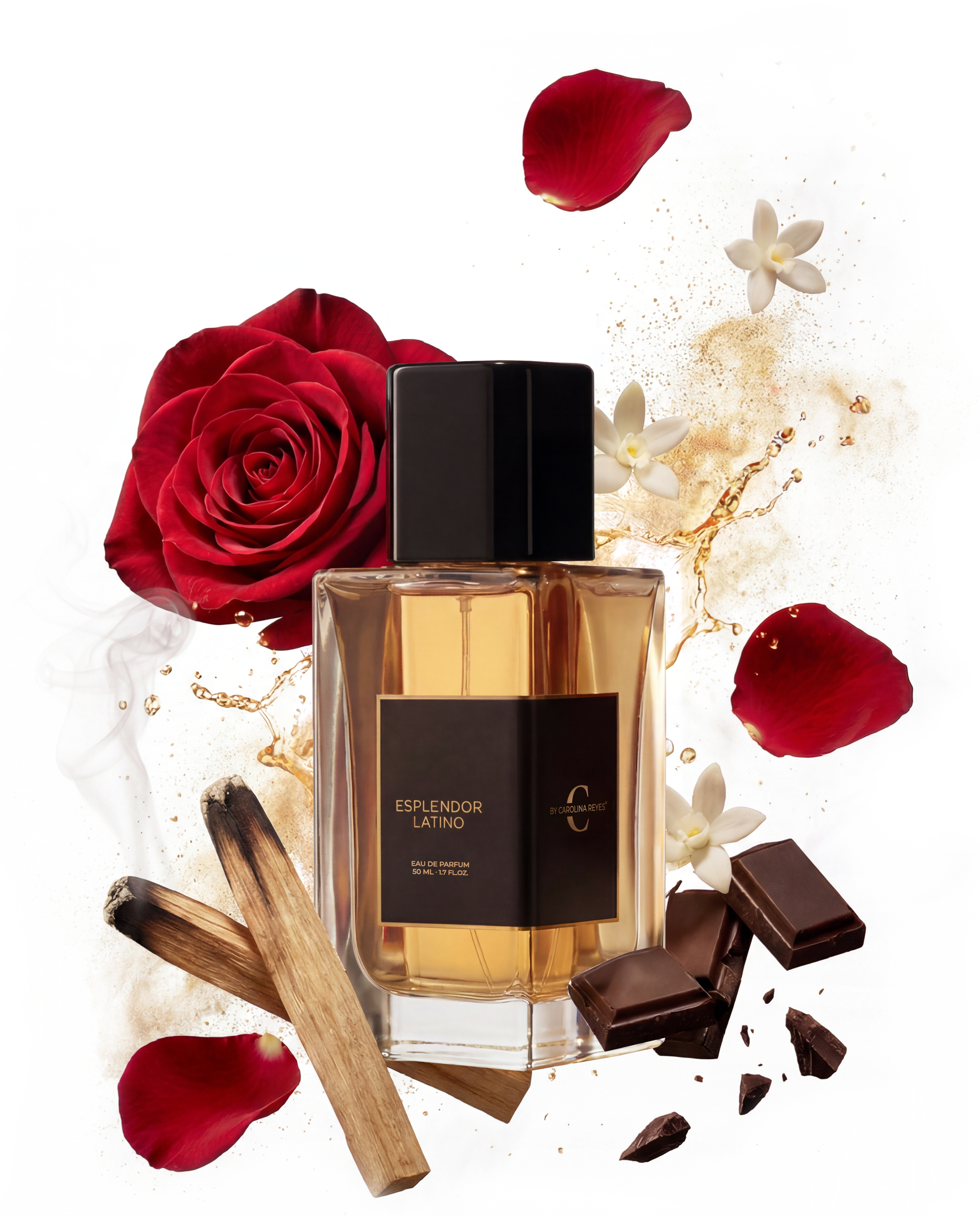 Fragancia By Carolina Reyes con pétalos rojos